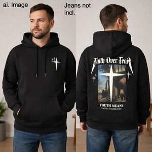 Christian Faith Over Fear Hoodie Black Graphic Cross Jesus Savior Worship * READ